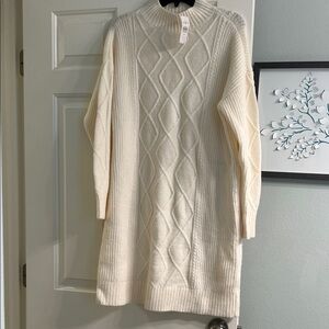 LOFT Cream Cable Knit Long Sleeve Dress